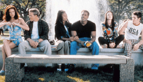 The gang from Scary Movie sitting on benches